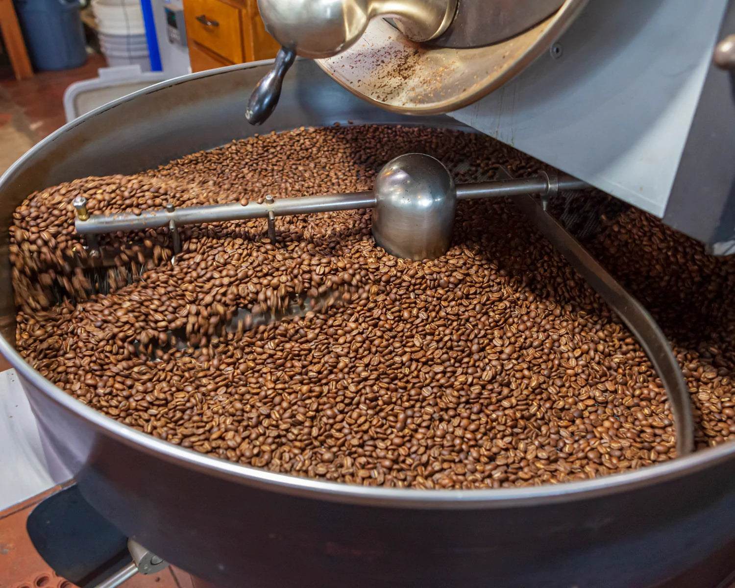 Coffee beans in roaster cooling tray