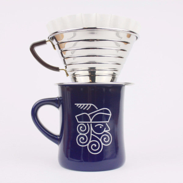 Kalita Wave 185 pour over coffee brewer in stainless steel on Bluebeard diner mug